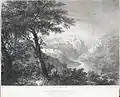 'Killgaron Castle: on the Tivi, Cardiganshire, evening rain' ca 1845 by John Henry Robinson, 1796-1871 and George Childs, fl. 1826-1873