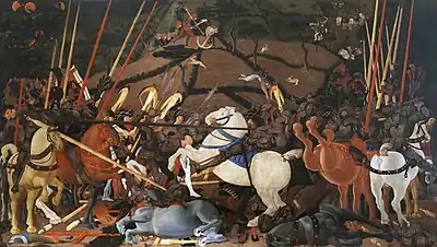 Niccolò Mauruzi da Tolentino unseats Bernardino della Carda at the Battle of San Romano (dating uncertain, c. 1435–1455),  tempera on wood, 182 × 320&nbsp;cm, Galleria degli Uffizi, Florence