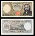 100,000&nbsp;lire – obverse and reverse – printed in 1967