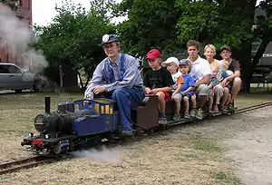 A propane-fired 1:8 scale live steam train running on the Finnish Railway Museum's 7.25-inch (18.4&nbsp;cm) gauge track