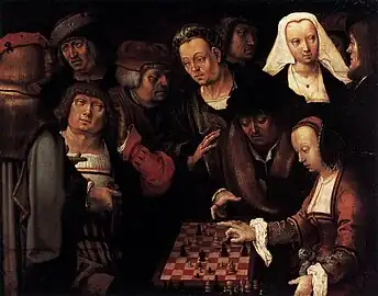Image 11Lucas van Leyden, c. 1508, The Game of Chess, oil on oak, 27 x 35&nbsp;cm, Gemäldegalerie, Berlin (from Chess in the arts)
