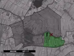 The village (dark red) and the statistical district (light green) of Nieuwerbrug in the municipality of Bodegraven.