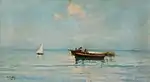 Marina con barca e pescatori. Undated. Oil on canvas, 29 x 53&nbsp;cm, private collection.