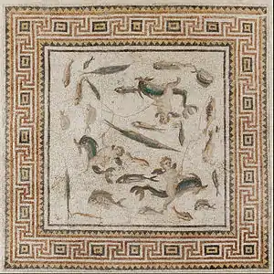 Marine mosaic (central panel of three panels from a floor); 200–230; mosaic (stone and glass tesserae); 2,915&nbsp;mm x 2,870&nbsp;mm; Museum of Fine Arts (Boston, US)