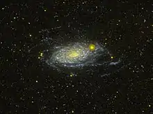 M63 imaged in UV light by the GALEX satellite. The UV light is produced primarily by young, massive stars, so the UV-bright areas are regions where stars are currently forming. Credit NASA / WikiSky
