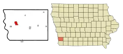 Location of Glenwood in Mills County and Iowa