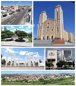 Clockwise: Independence Avenue; Church of Nossa Senhora da Conceição; Tourist Terminal Lindalva Torquato; panoramic view of the Pau dos Ferros; Joaquim Correia House of Popular Culture and Monsignor Caminha Square, with the Obelisk at found.