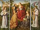 Master of Frankfurt, Mystic Marriage of Saint Catherine with Saints and Angles, ca. 1500–1510, oil on panel, 27+1⁄2 by 18+3⁄4 inches (70&nbsp;cm ×&nbsp;48&nbsp;cm), San Diego Museum of Art.