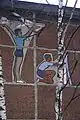 Young aircraft modelers mosaic composition on the end wall of 1960s building, Vaneev St, 82. Nizhny Novgorod