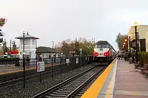A train at an urban railroad station