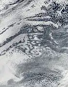 Open and closed-cell clouds over the Pacific Ocean.