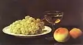 Still life with grapes, two peaches, glass of sherry