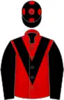 Red, black chevron and sleeves, black cap, red spots