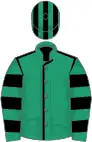 Emerald green, black seams, hooped sleeves, striped cap