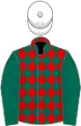 Dark green and red diamonds, dark green sleeves, white cap