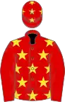 RED, yellow stars, red sleeves, red cap, yellow stars