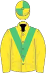 Yellow, emerald green chevron, quartered cap
