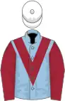 Light blue, maroon chevron and sleeves, white cap