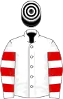 White, red hooped sleeves, black and white hooped cap