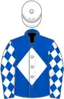 Royal blue, white diamond, diamonds on sleeves, white cap