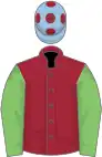 Maroon, light green sleeves, light blue cap, maroon spots