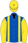 Royal blue, yellow braces, sleeves and cap