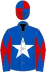 Royal blue, white star, royal blue sleeves, red diabolo, royal blue and red quartered cap