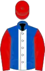 Royal blue, white stripe, red sleeves and cap