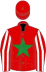 Red, green star, red and white striped sleeves, red cap