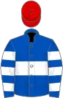 Royal blue, white hoop, hooped sleeves, red cap