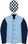 Light blue, dark blue sleeves, white and dark blue check cap