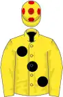 Yellow, large black spots, red spots on cap