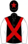 Black, red cross belts, white sleeves, black cap, red star