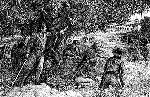 Mexican soldiers advancing toward La Purísima Concepción Mission during the Chumash revolt of 1824. Painting by Alexander Harmer.