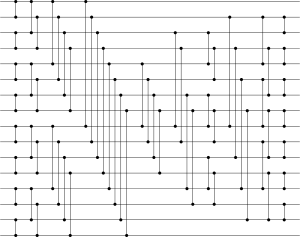 Visualization of the Pairwise sorting network with 16 inputs