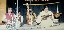 Das Gupta at a concert accompanied by Pandit Chandra Nath Shastri with tabla, Calcutta, 1987.