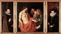 Rubens, the Rockox Altarpiece (1613–1615), showing the hands, with an "almost invisible" wound on the "wrong" side; with donor portraits of Nicolaas II Rockox.