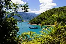 The image shows the Bonete beach, with leaves surrounding the picture where, in the middle, lies the blue ocean and a boat. In the background, mountains fill the space up until it comes the partially clouded sky.
