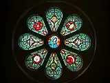 Detail of the Marian rose window in the choir loft. This window is above the main front doors.