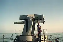 A Harpoon Missile on the rail of a Mark 13 aboard USS&nbsp;Goldsborough