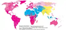 Distribution of world religions by country/state, and by smaller administrative regions for the largest countries (2012 data): % Christian population % Islam population % all other religions but Judaism(equal parts cyan/magenta - Judaism)
