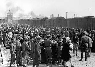 Jews from Carpatho-Ruthenia are "selected" on the Judenrampe, May–June 1944. To be sent to the right meant assignment to slave labour; to the left, the gas chambers.
