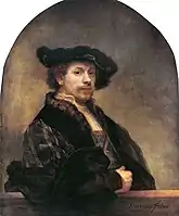 Self-portrait, 1640, wearing a costume in the style of over a century earlier. The pose relates to his etching of 1639 (below) and the Titian portrait A Man with a Quilted Sleeve. National Gallery, London