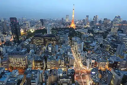 Aerial view on Shiba-koen at dusk