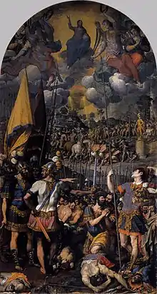 "The Martyrdom of Saint Maurice" by Romulo Cincinato. 1583. Oil on canvas, 540 x 288&nbsp;cm, Monasterio de San Lorenzo, El Escorial, Spain. Cincinato placed stronger emphasis on the execution scene, which has been brought into the foreground.