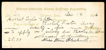 Image 2NAWSA checkCheck: Harriet Taylor Upton (image courtesy of the National Museum of American History)A check from the National American Woman Suffrage Association, payable to Rachel Foster Avery, which was filled out by hand by the Association's treasurer Harriet Taylor Upton and countersigned by Susan B. Anthony as president and Alice Stone Blackwell as recording secretary. NAWSA, formed on February 18, 1890, to work for women's suffrage in the United States, was formally led by Anthony between 1892 and 1900. During her presidency, the small organization focused predominantly on women's rights at the state level—much to Anthony's chagrin. It also sent delegates to the World's Congress of Representative Women at the World's Columbian Exposition.More selected pictures