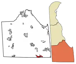 Location of Selbyville in Sussex County, Delaware.