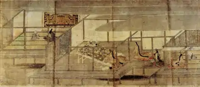 Interior view of Taima-dera, where the spaces are set aside to show several stages of the story, thanks to the fukinuki yatai. Taima Mandala Engi&nbsp;[fr], 13th century