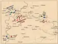 The Battle of Szőreg. The situation on the wider battlefield before the battle. Red - the Austrian troops, Blue - the Hungarian troops. Green - the Russian troops.