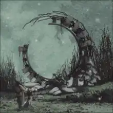 A drawing of a large, mechanistic, decrepit circular construct in the middle of a dark, grassy field in nighttime, with taller grass around and behind the construct and two people staring at the construct from the front-left.
